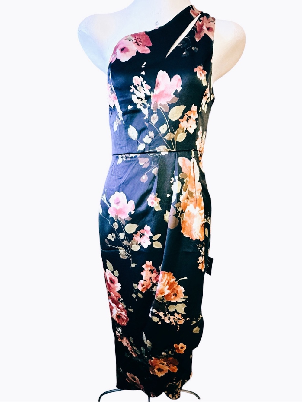 Lulus One Shoulder Floral Midi Dress Black Pink Orange Asymmetrical Cocktail NWT
